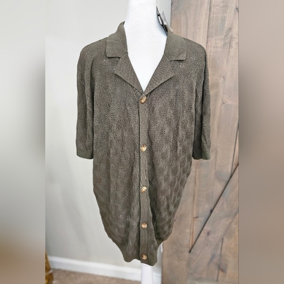 WINWARD Open Knit Camp Collar Button Down Short Sleeve Shirt. Olive. XL NWT - Picture 8 of 16